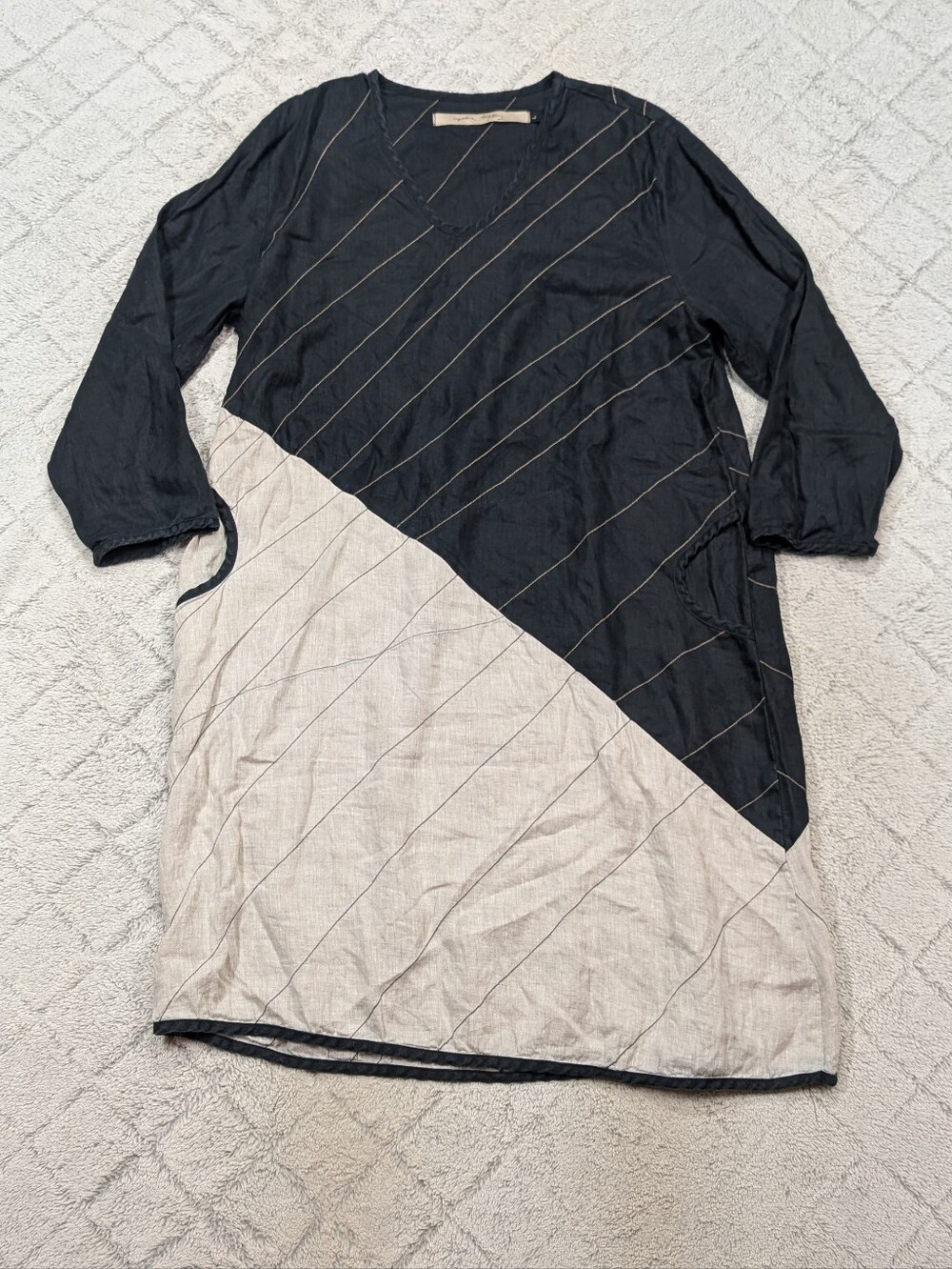 Cynthia Ashby Dress Womens L Gray Black Linen Tunic Artsy Abstract Chic Minimal